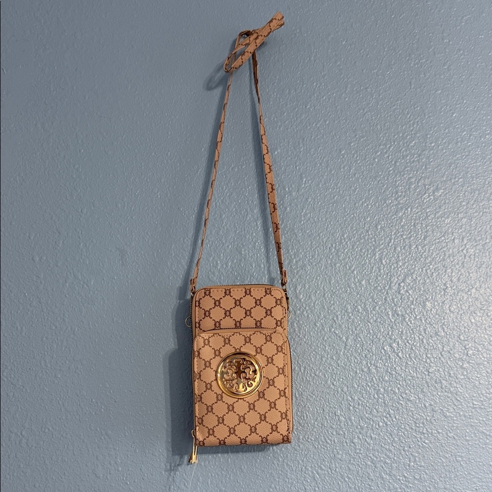 Tan Crossbody Bag with Gold Emblem